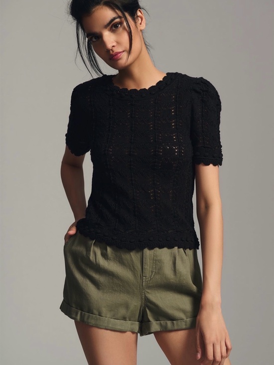 Anthropologie Tops - Anthropologie Black Crochet Knit Pointelle Sweater Short-Sleeve Tee (Orig $88)